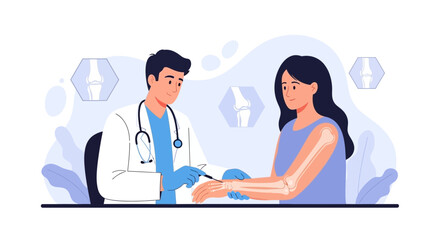 Fototapeta premium Doctor examines patient's hand and arm bones, representing orthopedic consultation and bone health.