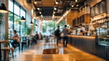 Blurred cafe interior coffee shop restaurant bokeh background modern lighting bistro bakery urban atmosphere busy indoor lifestyle