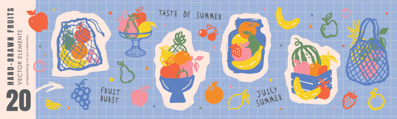Large collection of hand drawn fruit elements in sketchy artistic style. Designs feature colorful stickers of healthy food in mesh bags, bowls and crates. Ideal for scrapbooking, summer marketing  © Liliya