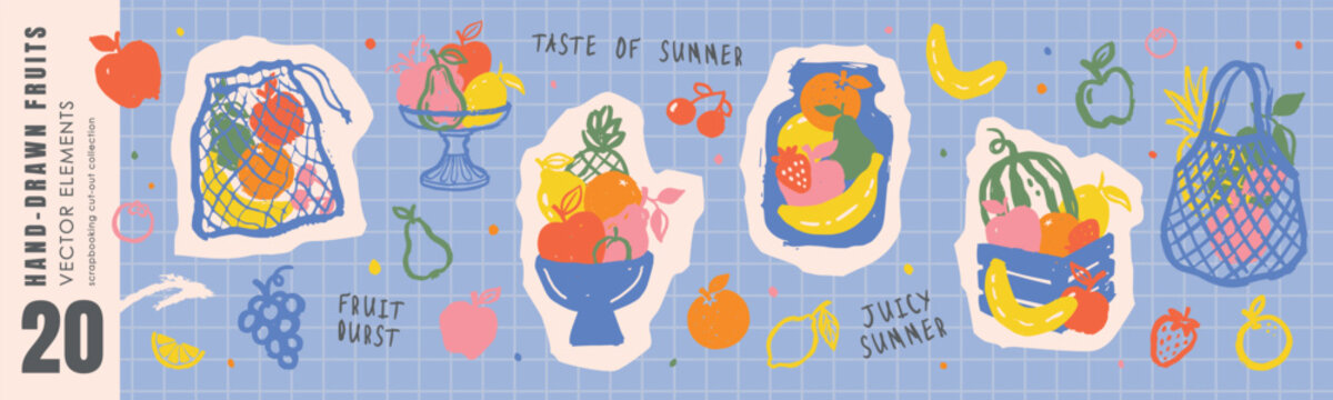 Large collection of hand drawn fruit elements in sketchy artistic style. Designs feature colorful stickers of healthy food in mesh bags, bowls and crates. Ideal for scrapbooking, summer marketing 