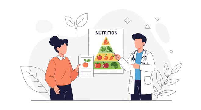 Doctor explains nutrition pyramid to patient, promoting healthy eating and balanced diet