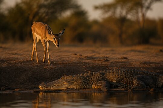 Young gazelle cautiously approaching a crocodile on riverbank in golden hour light.