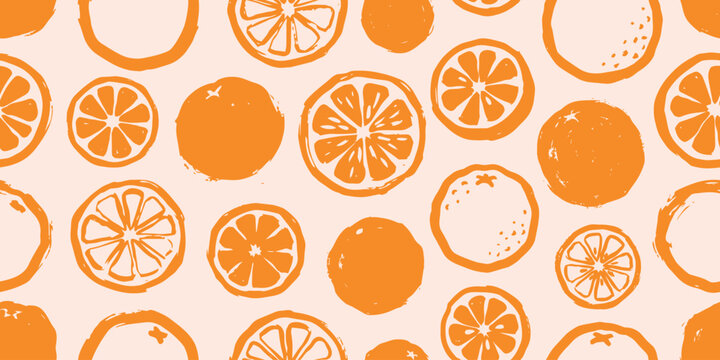 Seamless pattern with hand drawn oranges and citrus slices in a sketchy brush style. Vibrant orange and cream colors for fresh summer textiles, wrapping paper or packaging design, vector illustration