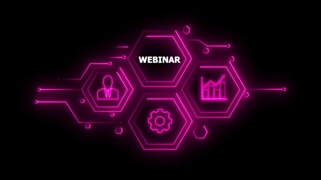 Abstract neon Hud knowledge ability business gear icon Glowing neon line concept. Glowing "WEBINAR" button in German on a futuristic, abstract wave technology on black background. 4K animation video