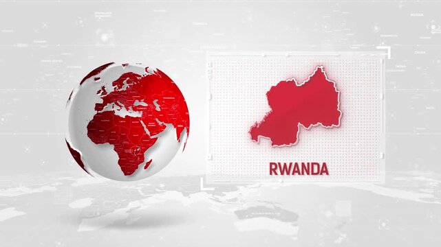 Rwanda 4K Tech Map Beside Globe On White Background.