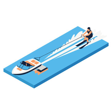 Man waterskiing behind speedboat on calm water.