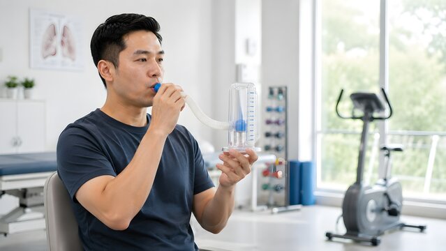 adult using inspiratory muscle training device during pulmonary rehabilitation