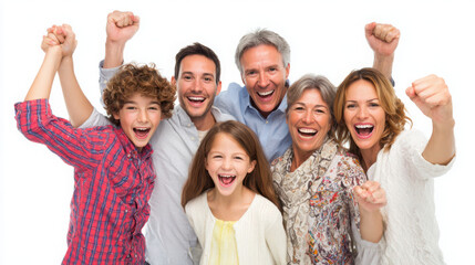 Obraz premium Group of diverse family members celebrates with enthusiasm while cheering and raising their hands.
