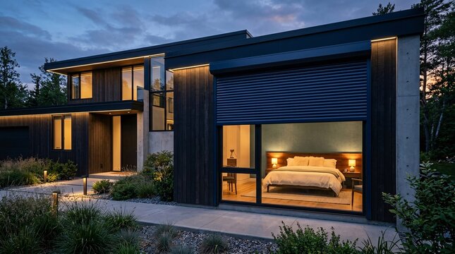 Exterior view of a modern home at twilight shows a dark navy roller shutter partially closed over a window revealing a cozy lit bedroom.