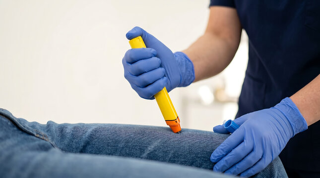 Close up of hands in blue medical gloves administering an epinephrine auto injector epipen shot into the outer thigh of a patient wearing jeans during an allergic emergency