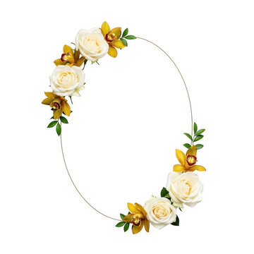 Elegant oval frame with white roses and yellow orchids, isolated on transparent background