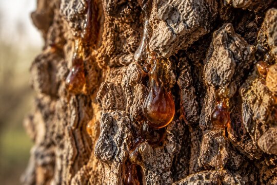 Rough tree bark with glistening dark amber resin droplets.