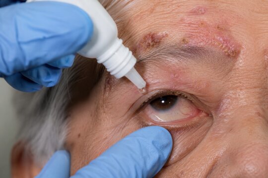 Elder Zoster Eye Treatment with Doctor Applying Antiviral Eye Drops to Senior Patient with Herpes Zoster Ophthalmicus Forehead Lesions