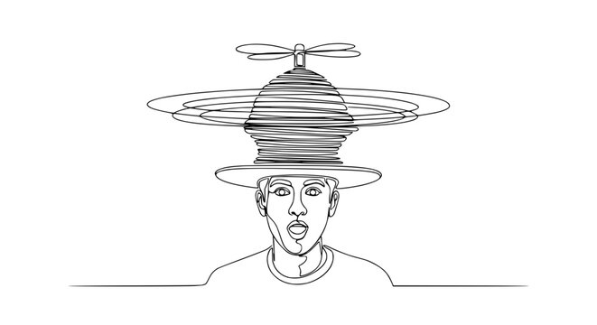 Man with propeller hat, spinning, line art, creative, abstract, surreal, concept