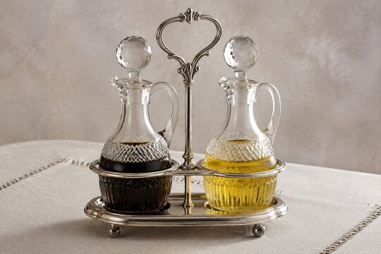 An elegant glass cruet set on a linen tablecloth with dark and light liquids.