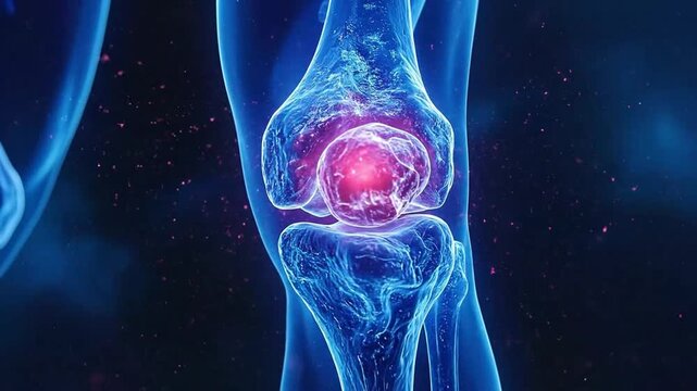 A digital illustration showing a glowing human knee joint anatomy