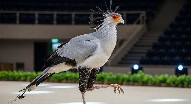 Elegant Secretary Bird Standing on One Leg in Indoor Arena