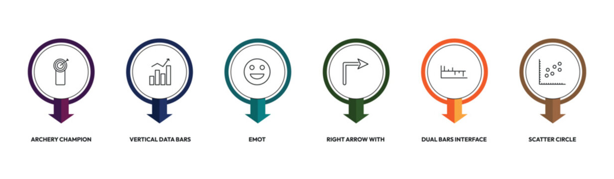 user interface outline icon set. archery champion, vertical data bars, right arrow with turn, scatter circle and more. linear vector collection. editable stroke