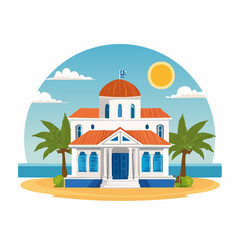 Obraz premium Greek beach villa with palm trees and sun.
