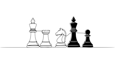 Chess Pieces Line Art: Strategy, Decision, Black and White King, Rook, Knight, Pawn © Zeyi