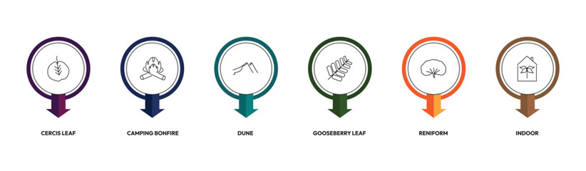 nature outline icon set. cercis leaf, camping bonfire, gooseberry leaf, indoor and more. linear vector collection. editable stroke © Design_Farm