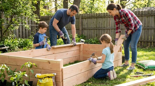 Family building a raised garden bed together in their backyard.