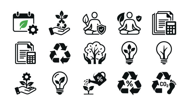 Sustainability and Ecology Icon Set for Green Business, CSR, ESG Reporting, and Carbon Footprint Reduction