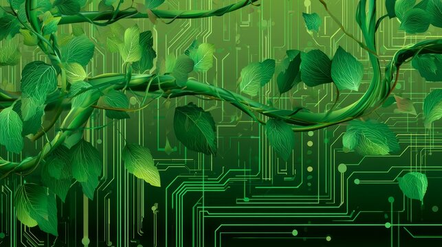 Abstract green vines and leaves emerging from digital circuitry, blending nature and technology to express growth, data flow, connectivity, innovation and sustainable futuristic tech concept