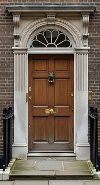 Classic wooden door with arched transom window in brick facade.