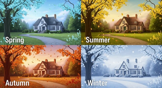 Seasonal landscape collage with house and changing foliage.