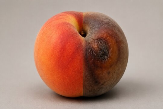 A split peach showing one half ripe and the other half with subtle decay.