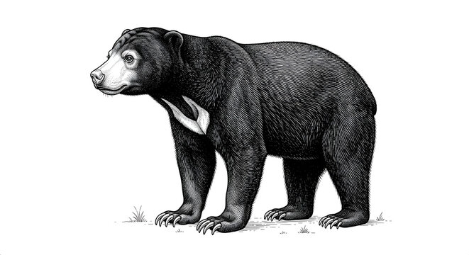 Detailed vintage engraving illustration of a Sun Bear standing