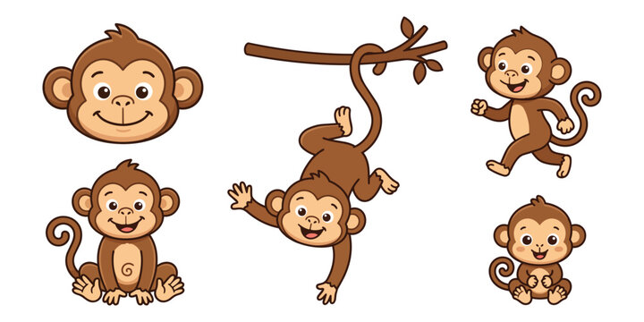 Collection of playful cartoon monkey characters in various active poses with character wildlife illustration swinging isolated collection