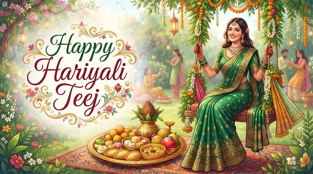 Beautiful Indian Woman Celebrating Hariyali Teej Festival on Swing with Mehndi and Puja Items Isolated on White Background