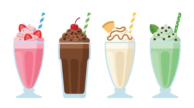 Assorted milkshake glasses flat design vector. Four types of delicious sweet cold beverages illustration. Strawberry chocolate vanilla and mint shake icons.