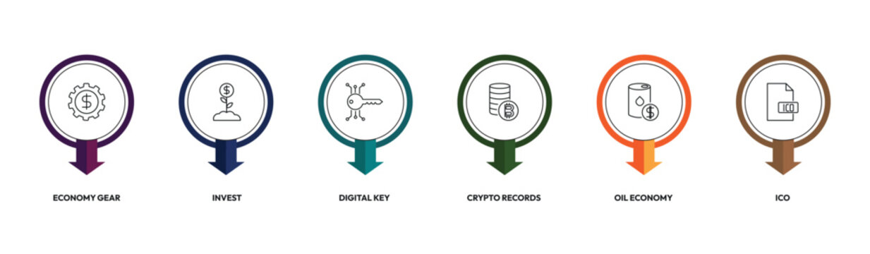 cryptocurrency outline icon set. economy gear, invest, crypto records, ico and more. linear vector collection. editable stroke