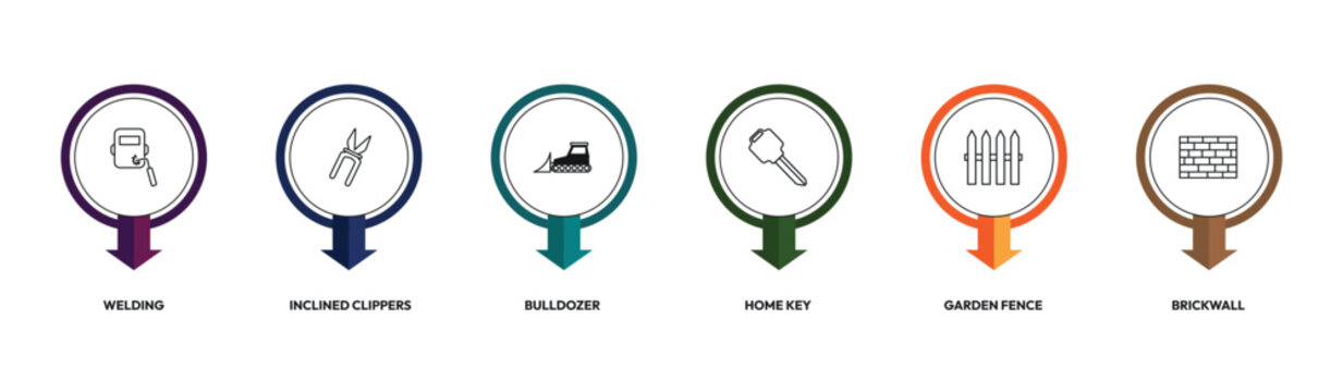 construction outline icon set. welding, inclined clippers, home key, brickwall and more. linear vector collection. editable stroke