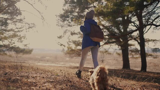 hipster hiker and dog in forest park. adventure a travel ecotourism concept. hiker tourist with backpack. hipster with girl tourist backpack green pine trees. travel forest park lifestyle nature