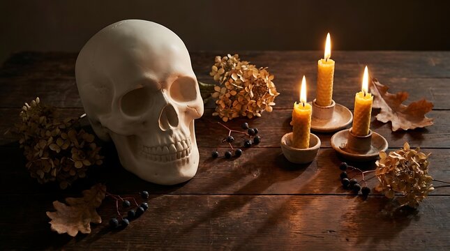 Halloween Still Life with Human Skull, Burning Beeswax Candles, and Dried Flowers on a Rustic Wooden Table