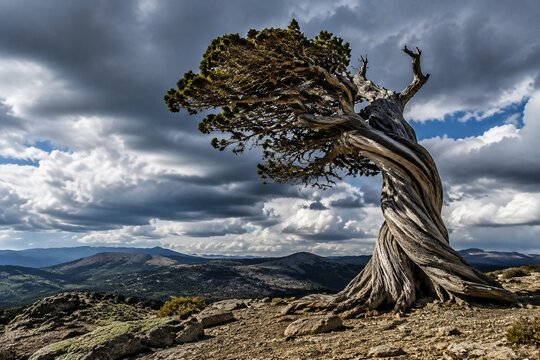 An old tree with a spirally twisted trunk against a cloudy sky in dramatic light.