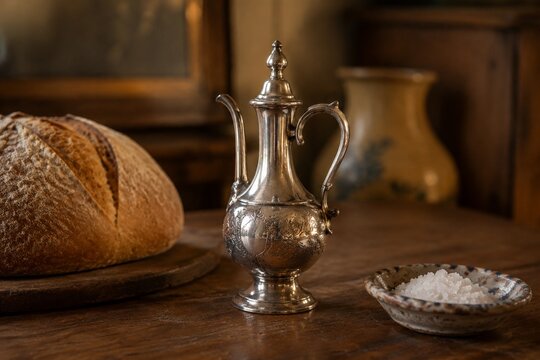 An antique silver oil cruet beside bread and salt on a wooden table.