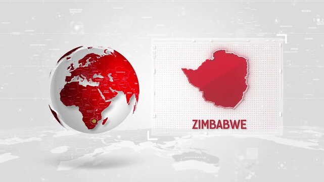 Zimbabwe 4K Tech Map Beside Globe On White Background.