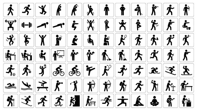 Collection of forty-eight minimalist human activity and sports pictogram icons.
