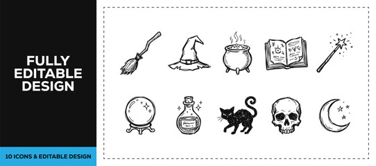 Black ink scribble magic hat and occult mystery icon set bundle featuring hand drawn doodle sketch vector illustrations for spiritual healing and tarot story branding design art. © Graphics