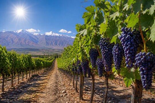 Vineyard of deep purple Malbec grapes under sun in Mendoza, Argentina.