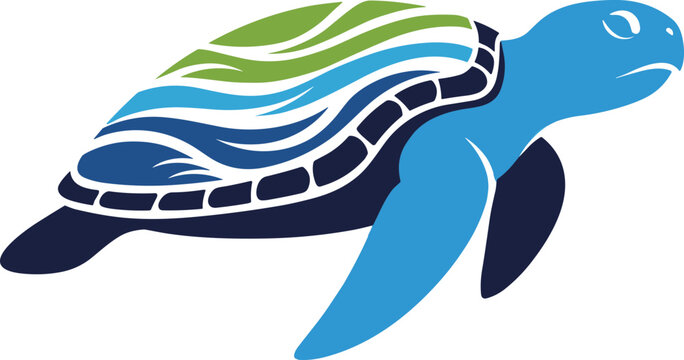 Stylized sea turtle illustration with ocean waves and leaf pattern on shell