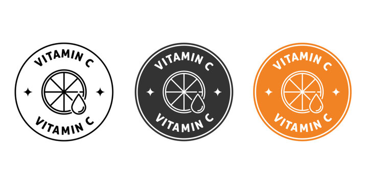 Vitamin C label sticker set for cosmetic skin care package, round product badge on white background