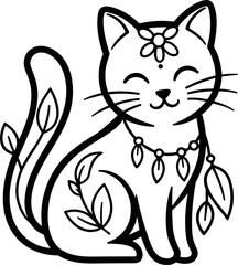 Boho Cat Illustration - Cute Feline with Floral Accents and Necklace © Brian