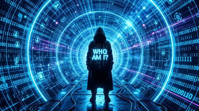 Hooded figure in blue digital tunnel with text