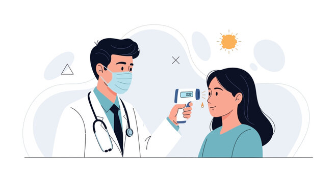 Doctor using non-contact thermometer to check patient's temperature, modern vector illustration